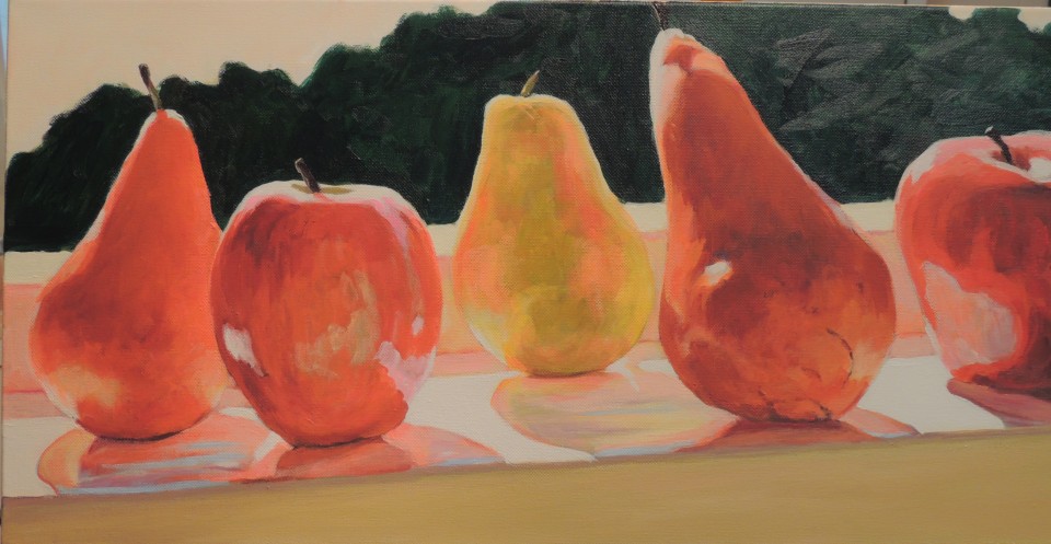 Pears and Apples on a Ledge